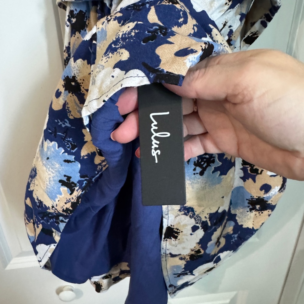 NWT Lulu’s Sunny Attraction Navy Floral Linen Bustier Belted Mini Dress Size M - Picture 6 of 8